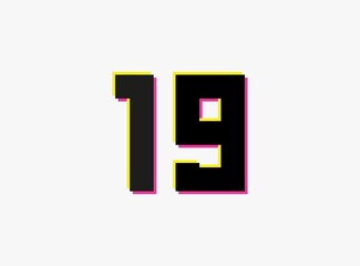 Number 19 vector desing logo. Dynamic, split-color, shadow of  number pink and yellow on white background. For social media,design elements, creative poster, anniversary celebration, greeting and web