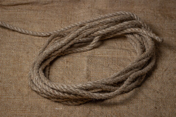 Jute rope on burlap. Jute material.