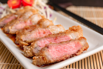 Tonkatsu,Japanese style Pork Cutlet,Close up  medium rare cook.