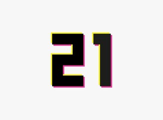 Number 21 vector desing logo. Dynamic, split-color, shadow of  number pink and yellow on white background. For social media,design elements, creative poster, anniversary celebration, greeting and web