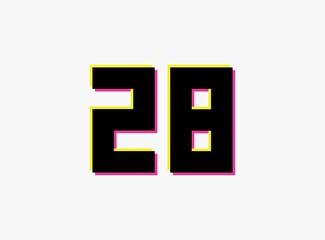 Obraz premium Number 28 vector desing logo. Dynamic, split-color, shadow of number pink and yellow on white background. For social media,design elements, creative poster, anniversary celebration, greeting and web