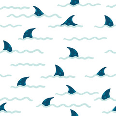 Fototapeta premium Seamless pattern with fins of sharks in cartoon style. Comic sharks emotions. Background with funny sea colors for children's room design, textiles, Wallpaper, digital paper. Vector illustration