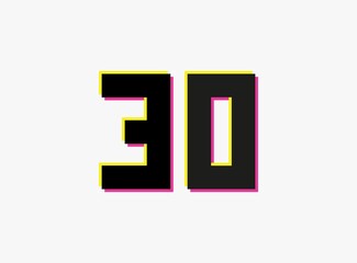 Number 30 vector desing logo. Dynamic, split-color, shadow of  number pink and yellow on white background. For social media,design elements, creative poster, anniversary celebration, greeting and web