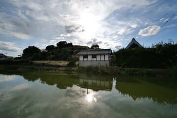 A small Japanese lake with a mysterious atmosphere created by the midsummer sun