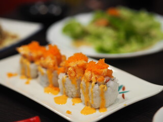 Salmon and Shrimp Roe Don rice japan on white plate, Japanese food