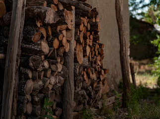 Stack of cut firewood in the garden