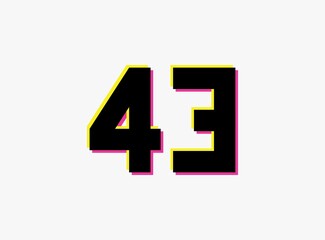 Number 43 vector desing logo. Dynamic, split-color, shadow of  number pink and yellow on white background. For social media,design elements, creative poster, anniversary celebration, greeting and web