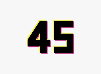 Number 45 vector desing logo. Dynamic, split-color, shadow of  number pink and yellow on white background. For social media,design elements, creative poster, anniversary celebration, greeting and web