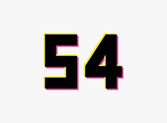 Number 54 vector desing logo. Dynamic, split-color, shadow of  number pink and yellow on white background. For social media,design elements, creative poster, anniversary celebration, greeting and web