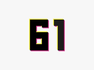 Number 61 vector desing logo. Dynamic, split-color, shadow of  number pink and yellow on white background. For social media,design elements, creative poster, anniversary celebration, greeting and web