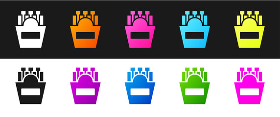 Set Potatoes french fries in carton package box icon isolated on black and white background. Fast food menu. Vector Illustration.