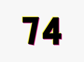 Obraz premium Number 74 vector desing logo. Dynamic, split-color, shadow of number pink and yellow on white background. For social media,design elements, creative poster, anniversary celebration, greeting and web