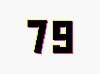 Obraz premium Number 79 vector desing logo. Dynamic, split-color, shadow of number pink and yellow on white background. For social media,design elements, creative poster, anniversary celebration, greeting etc.