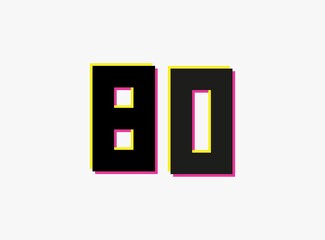 Number 80 vector desing logo. Dynamic, split-color, shadow of  number pink and yellow on white background. For social media,design elements, creative poster, anniversary celebration, greeting etc.
