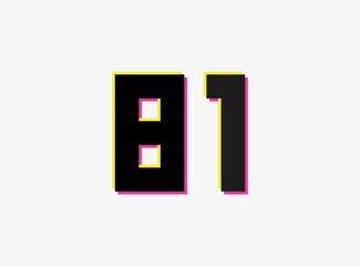 Number 81 vector desing logo. Dynamic, split-color, shadow of  number pink and yellow on white background. For social media,design elements, creative poster, anniversary celebration, greeting etc.