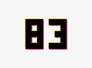 Fototapeta premium Number 83 vector desing logo. Dynamic, split-color, shadow of number pink and yellow on white background. For social media,design elements, creative poster, anniversary celebration, greeting etc.