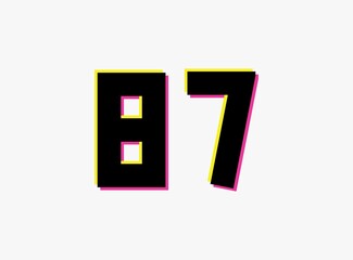 Number 87 vector desing logo. Dynamic, split-color, shadow of  number pink and yellow on white background. For social media,design elements, creative poster, anniversary celebration, greeting etc.