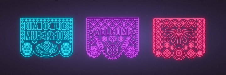 Vector design template for Dia de los Muertos (Day of the dead).  Colorful papel picado collection in neon style. Mexican traditional decorations.