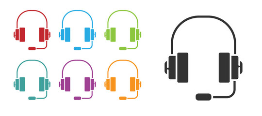 Black Headphones icon isolated on white background. Support customer service, hotline, call center, faq, maintenance. Set icons colorful. Vector Illustration.
