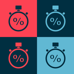 Pop art Stopwatch and percent icon isolated on color background. Time timer sign. Vector Illustration.