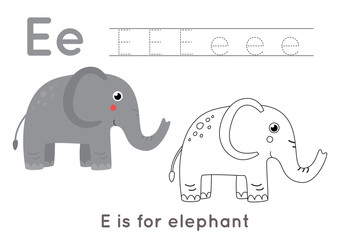 Coloring and tracing page with letter E and cute cartoon elephant.