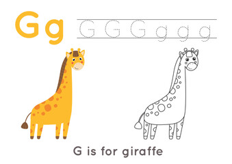 Coloring page with letter G and cute cartoon giraffe.