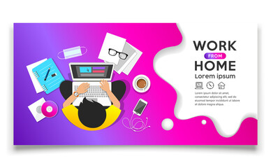Work from home concept, man sitting work computer, top view banner design on purple background, Eps 10 vector illustration