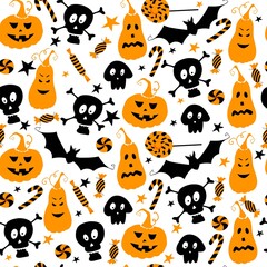 Seamless vector pattern for Halloween design. Halloween symbols: pumpkins, skulls, bat, candy in cartoon style. Vector Illustration