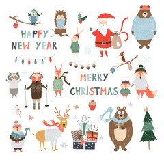 Christmas and winter set with forest animals deer, bear, bunny, squirrel, fox, hedgehog, owl, woodpecker, racoon. Vector illustration in hand drawn style for winter holidays cards