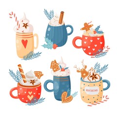 Christmas and Happy New Year set. Cute mugs with hot beverages cacao, tea, coffee, whipped cream, candy cane, gingerbread man, cookies, pastry. Elements for greeting cards design, posters, stickers.