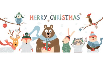 Christmas card and horizontal banner with cute cartoon animals and birds with winter accessories scarfs, hats, sweaters. Vector holiday illustration on white background with typography