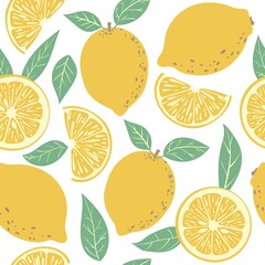 Seamless vector pattern with lemons on white background. Summer illustration