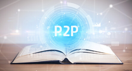 Open book with P2P abbreviation, modern technology concept