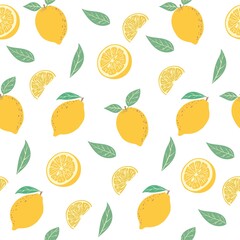 Seamless vector pattern with lemon and slices on white background. Fruit citrus illustration