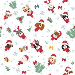 Dog portraits in Santa hats and scarves. Christmas holiday seamless pattern