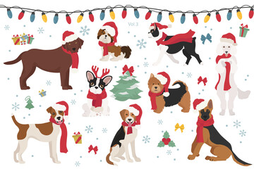 Dog characters in Santa hats and scarves. Christmas holiday design