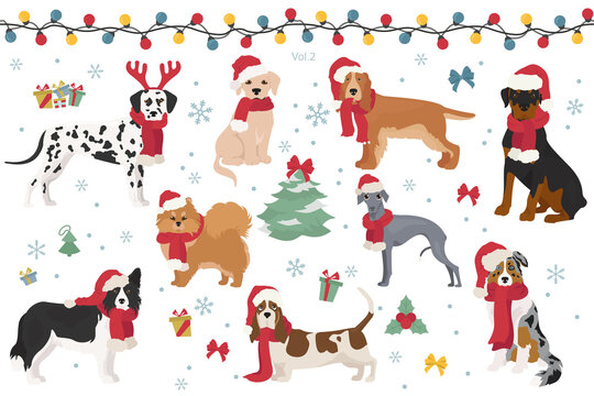 Dog characters in Santa hats and scarves. Christmas holiday design