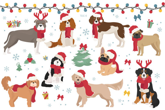 Dog characters in Santa hats and scarves. Christmas holiday design