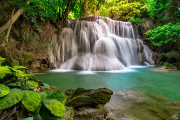 Fototapeta na wymiar Huai Mae Khamin Waterfall attractions National Park on the Lake of Srinakarin Dam, Kanchanaburi, Thailand.Huai Mae Khamin Waterfall on winter season,