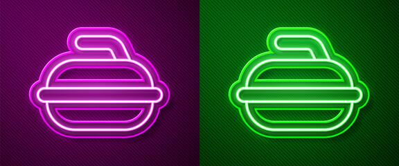 Glowing neon line Stone for curling sport game icon isolated on purple and green background. Sport equipment. Vector Illustration.