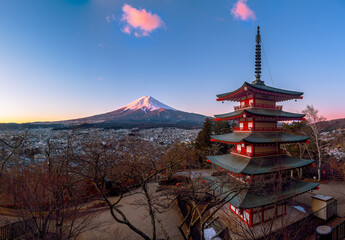 Landscape  View of Mount Fuji with the Chureito Pagoda of Asakura Sengen shrinein winter   during...