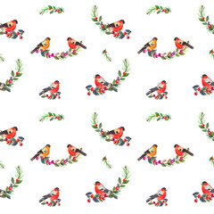 Watercolor colorful christmas pattern with forest birds, decorative  leaves, cones and  branches tree. White background