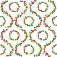 Watercolor colorful christmas pattern with  decorative  leaves, cones and  branches tree. White background.