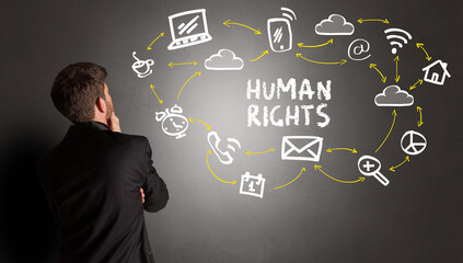 businessman drawing social media icons with HUMAN RIGHTS inscription, new media concept