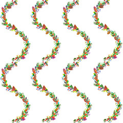 Watercolor colorful christmas pattern with  decorative  leaves, cones and  branches tree. White background.