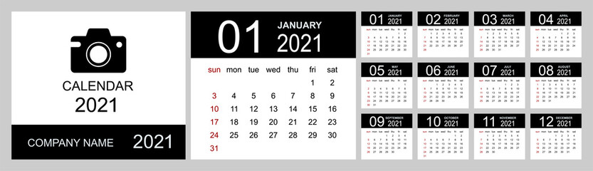 Calendar 2021 year. Simple Vector Template. Calendar design in black and white colors, holidays in red colors. Week Starts on Sunday. Vector illustration