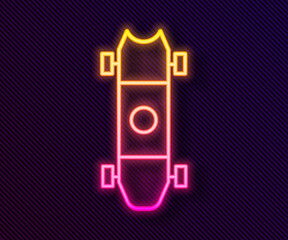 Glowing neon line Longboard or skateboard cruiser icon isolated on black background. Extreme sport. Sport equipment. Vector Illustration.