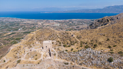 Aerial view on Acrocorinth, hill near Corinth and Gulf of Corinth, Peloponnese, Greece  