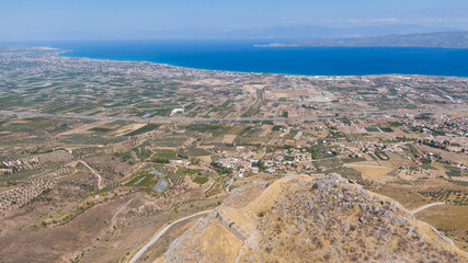 Aerial view on Acrocorinth, hill near Corinth and Gulf of Corinth, Peloponnese, Greece  