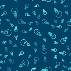 Green line Light bulb with concept of idea icon isolated seamless pattern on blue background. Energy and idea symbol. Inspiration concept. Vector Illustration.